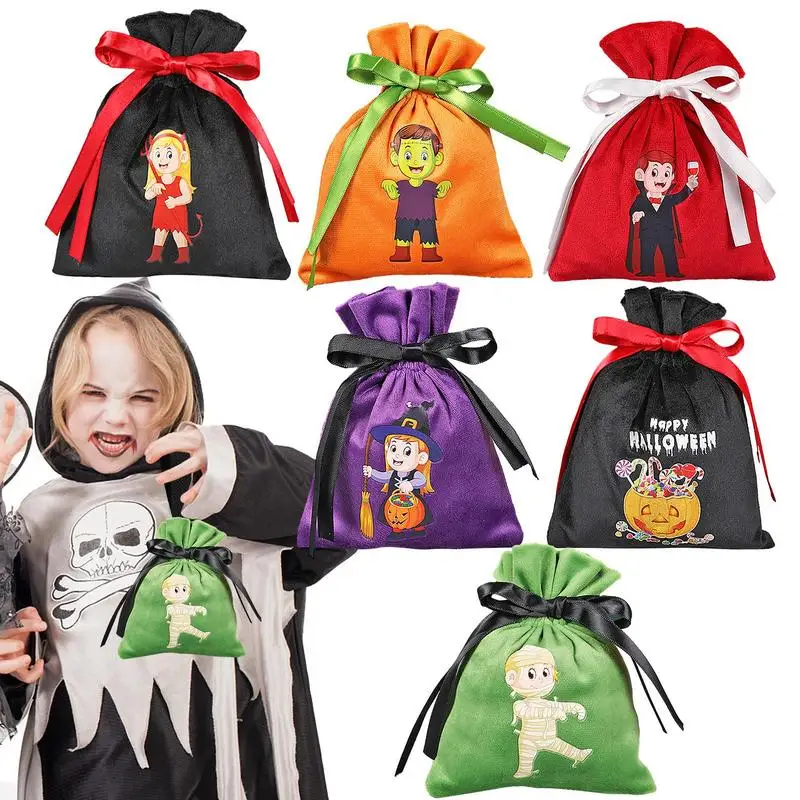 

Halloween Gift Bag 6 Pcs Drawstring Design Goody Bags For Halloween Velvet Gift Pouch With Halloween For Jewelry Lipstick