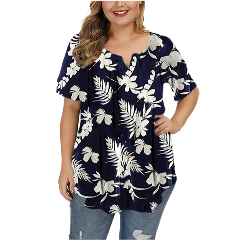 2022 Fashion Women Plus Size Floral Print Tunic Tops Buttoned Pleated Short Sleeve Big Size Ladies Clothing Grande Taille Femme