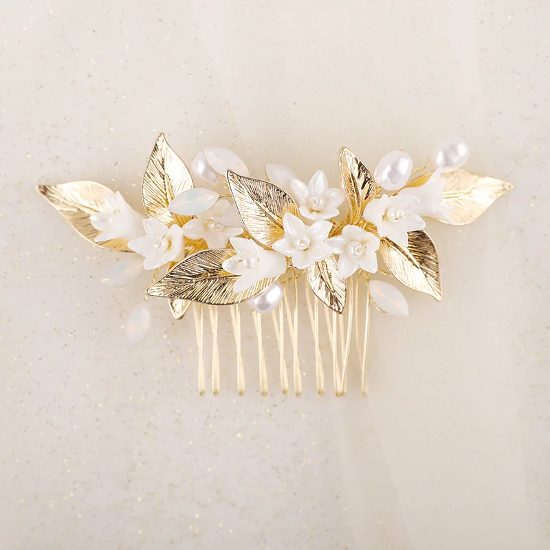 

SLBRIDAL Handmade New Style Crystal Rhinestone Pearl Ceramic Flower Bridal Hair Comb Wedding Hair Accessories Women Hair Jewelry