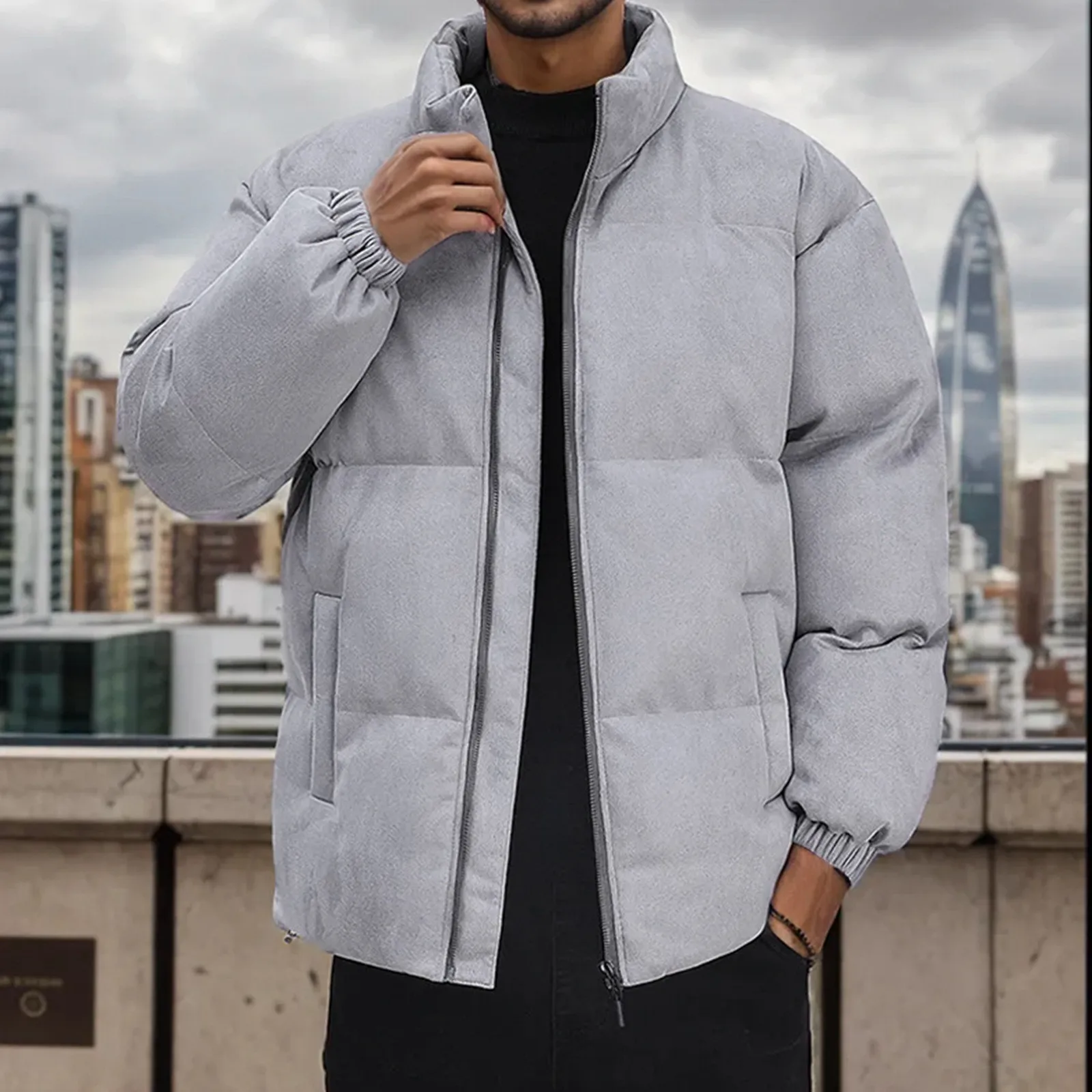 

Мужская зимняя хлопковая стеганая куртка, теплая плюшевая однотонная куртка с карманами, стоячим воротником, с длинным рукавом, на молнии, Мужская размера плюс куртка, пальто, 2023