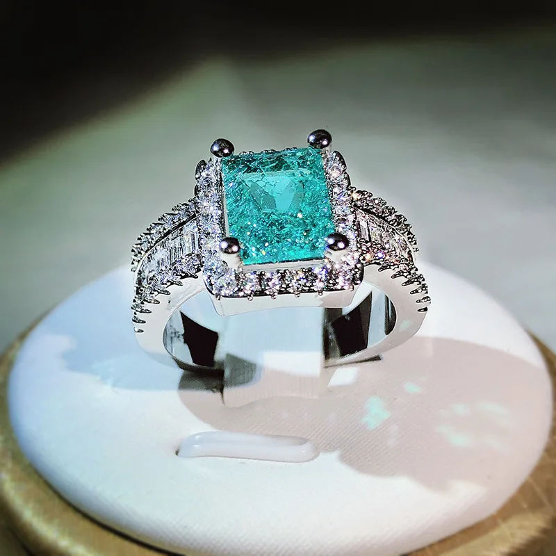 

925 Silver New Arrival With Cotton Wool Imitation Natural Paraiba Full Diamond Ring For Women Birthday Party Jewelry Gift