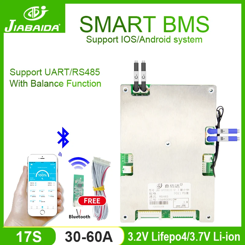 

Защитная плата JBD 3,7 в Li-Ion Smart BMS 17S 60V 30A 40A 50A 60A для аккумулятора, одновременный баланс порта с литиевой батареей Bluetooth