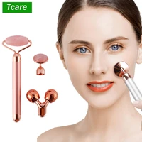 tcare 3 in 1 pink crystal jade massage stick jade roller 3d roller facial roller shaping face massager beauty stick women men
