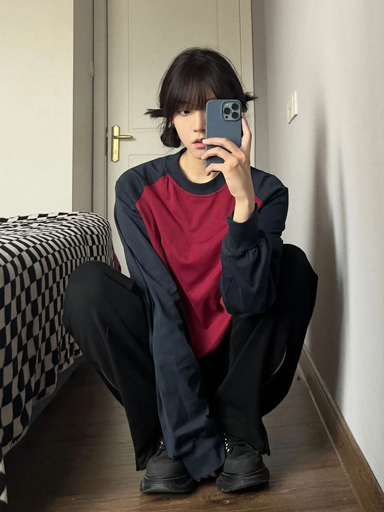 

HOUZHOU Vintage Kpop Patchwork Long Sleeve Tshirts Women Harajuku Hippie Oversize Casual T Shirts Y2K Korean Streetwear Tops Tee