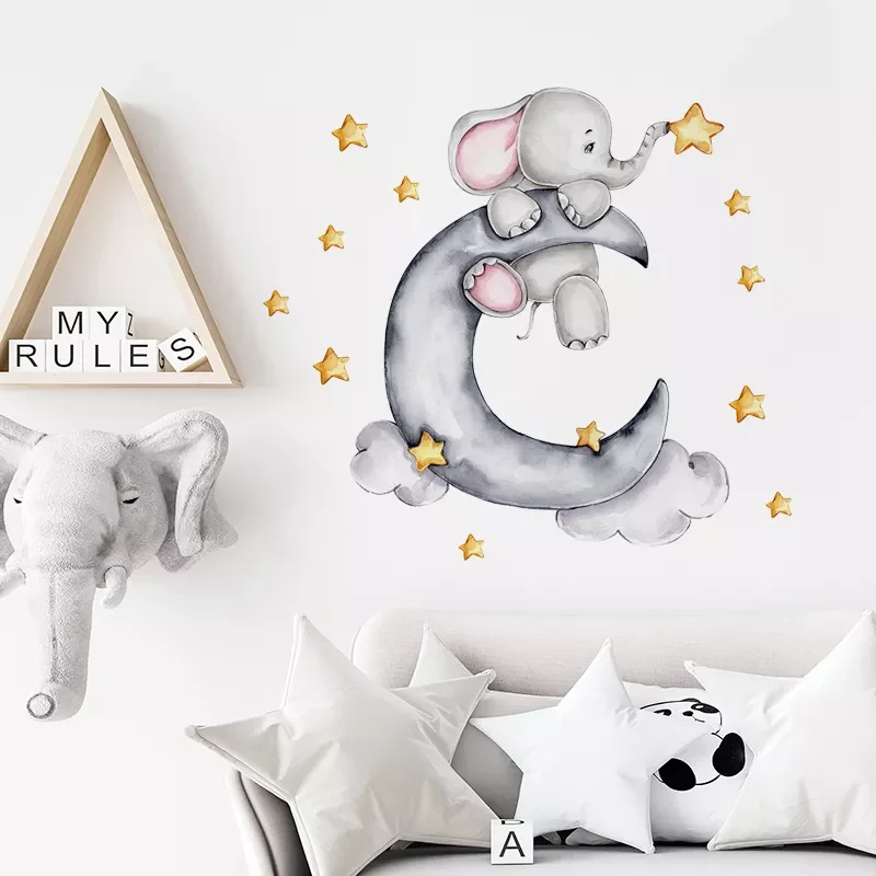 

Cartoon Grey Baby Elephant Moon Gold Stars Wall Stickers Nurserry Wall Decals for Kids Room Girl Boy Room Decorative Stickers