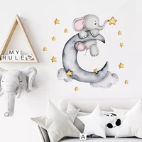cartoon grey baby elephant moon gold stars wall stickers nurserry wall decals for kids room girl boy room decorative stickers