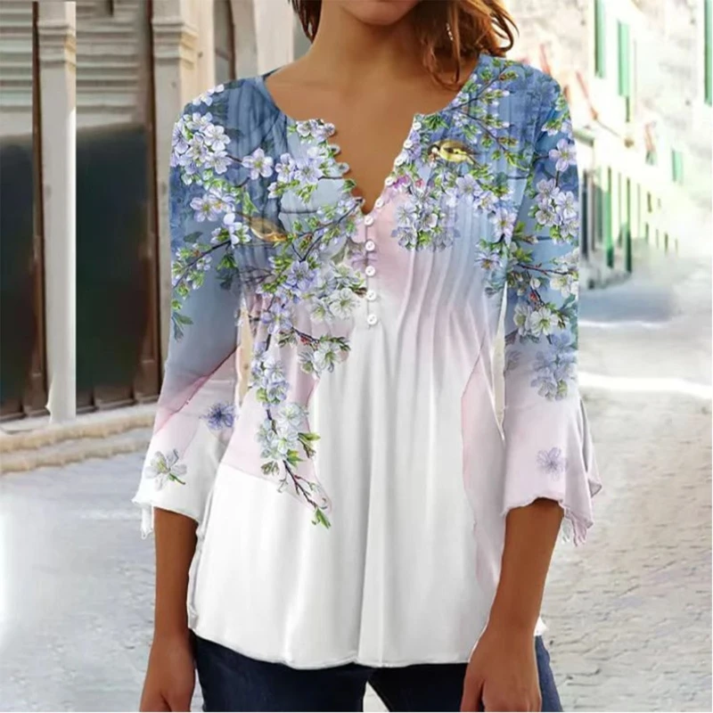 

Womens Elegant Ruffle 3/4 Sleeves T-Shirt Button Up V-Neck Pleated Blouses Boho Floral Print Casual Flowy Tunic Drop Shipping