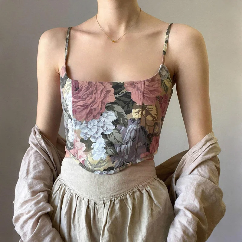 

hirigin Vintage Women Floral Print Summer Sling Mini Vest Crop Tops Sleeveless Backless Irregular Zipper Camisole Exposed Navel
