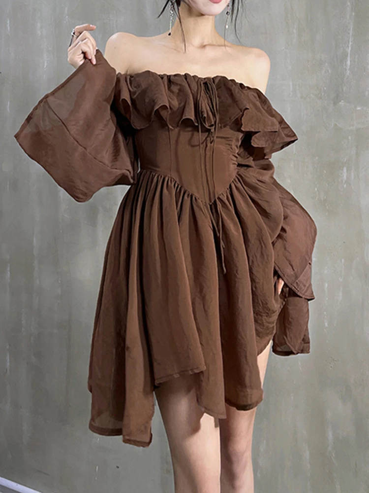 

Женское винтажное мини-платье с открытыми плечами, коричневое короткое платье с открытыми плечами, длинным рукавом и асимметричными оборками, весна-лето