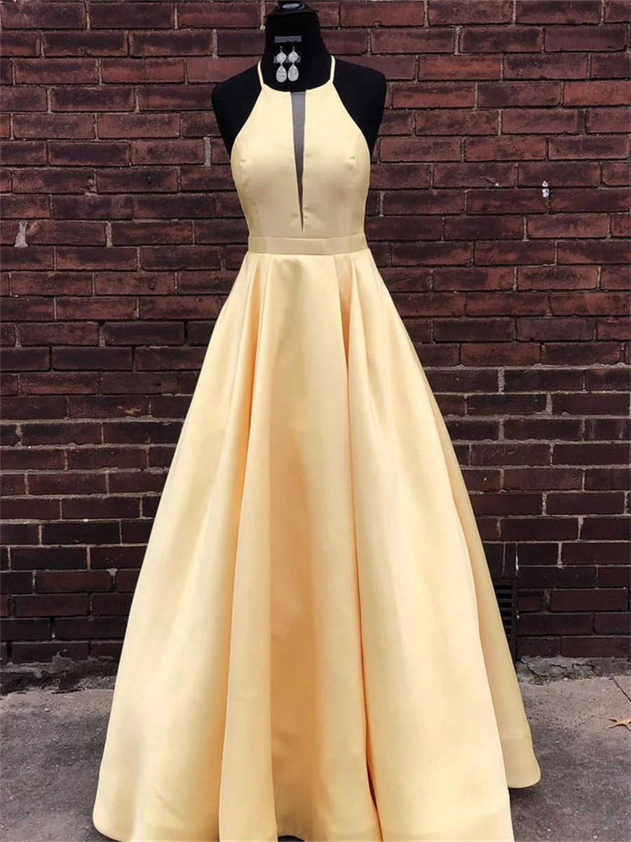 

Champagne Satin Halter Neck Prom Dress Sleeveless A Line Formal Party Gown Natural Waist Built-In Bra Evening Dress