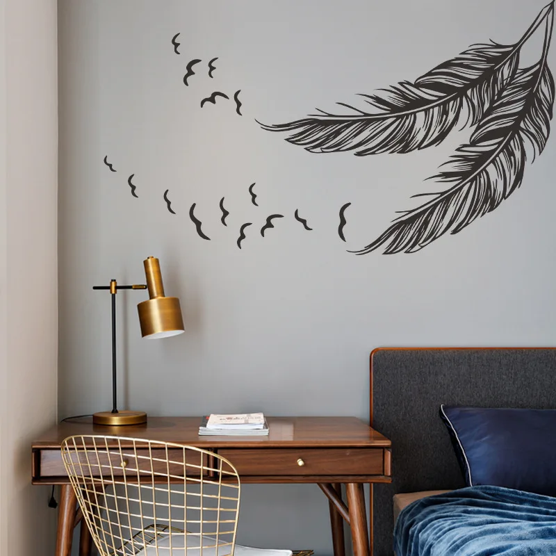 

Feather Print Wall Sticker, Black Feather Flying Bird Pattern, Background Wall Decoration And Beautification