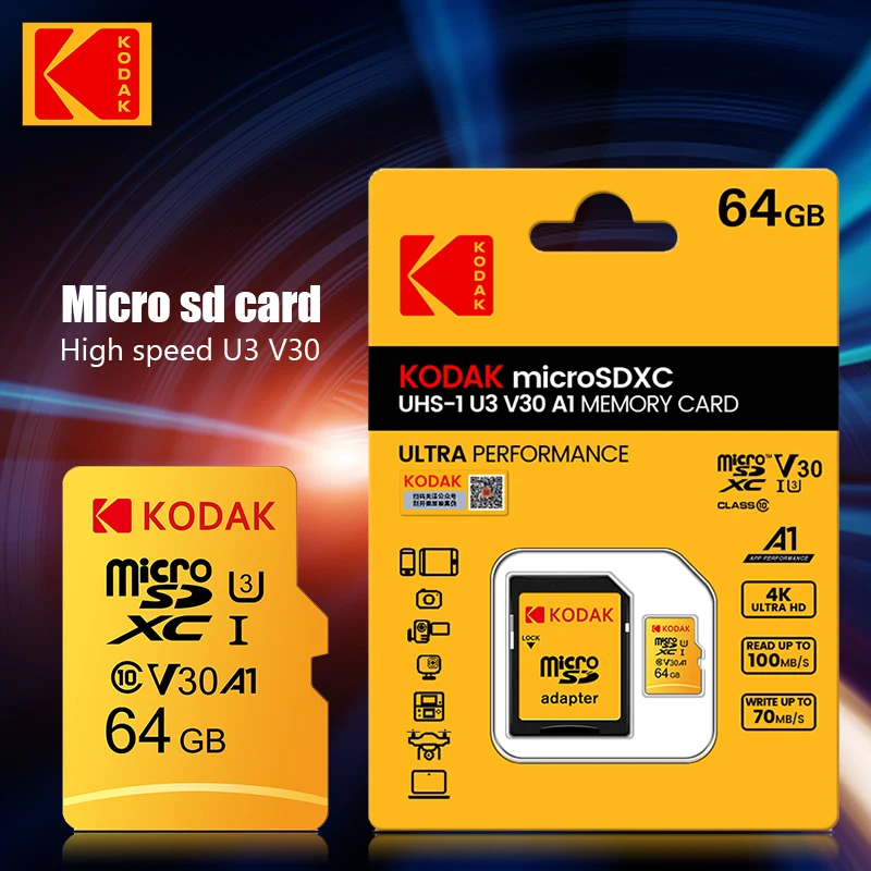 

KODAK Micro sd card Memory Card 64GB High Speed TF Card SD Card 4K Class10 Tarjeta MicroSD Card U3 UHS-I Card Free Shipping