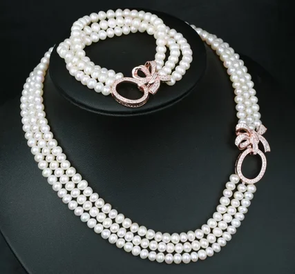 

3rows freshwater pearl near round 8-9mm necklace bracelet wholesale beads 18-20inch nature unique clasp