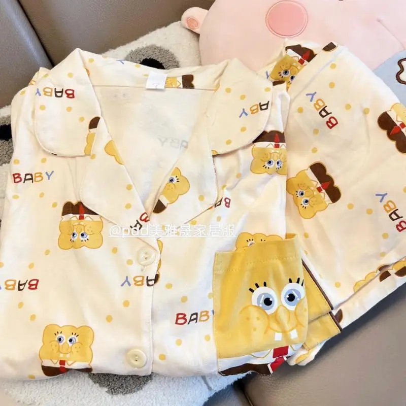 

Губка Боб Квадратные брюки Ins Мультяшные пижамы женские брюки с длинным рукавом комплект из двух частей домашний костюм кавайный аниме плюш...