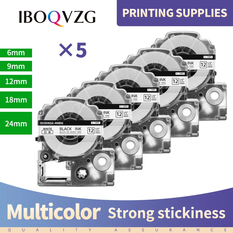 

IBOQVZG 5PC 6/9/12/18/24mm Label Tape SS12KW ST9KW ST6KW ST18KW ST24KW Compatible for EPSON for kingjim LW 300 400 600P Maker