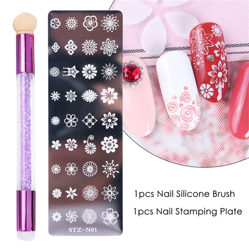 

2Pcs Nail Stamping Plates Silicone Sponge Brush Polish Transfer Stamper Template Stencil Flower Geometry DIY Template Nail Tool