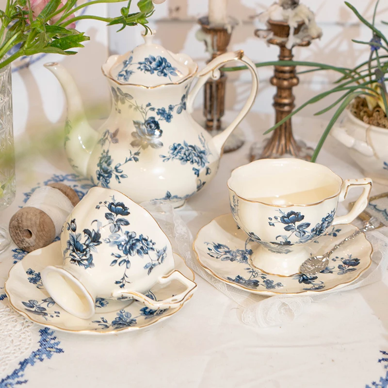 Tea Cup Set Rose Ceramic English Country Coffee Cup Saucer Pot Classical Home Kitchen Dessert Cake Plate