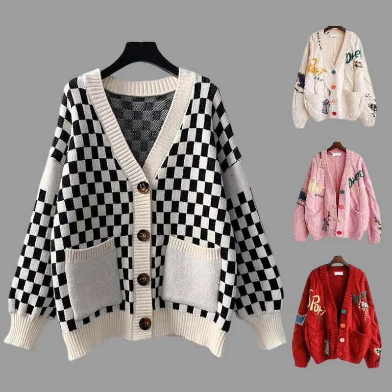 

Женский Теплый вязаный кардиган VXO, осенне-зимний Кардиган с карманами и вышивкой, свободные женские свитера