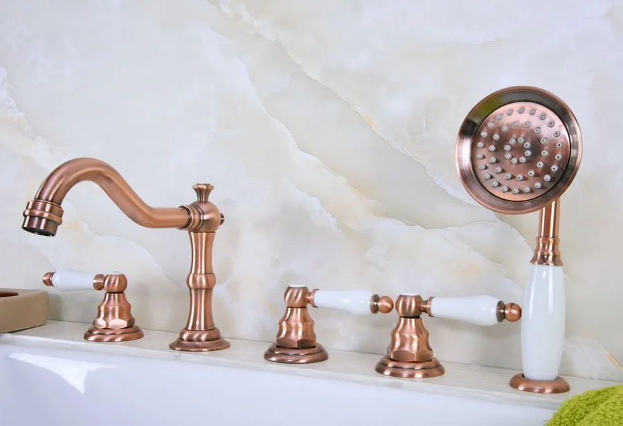 

Античный красный медный латунный смеситель с тремя рычагами, с 5 отверстиями