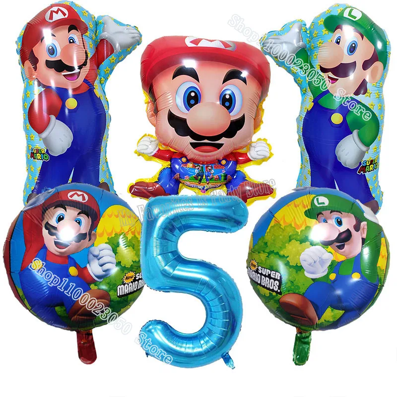 Партийные принадлежности Super Mario Bros: одноразовая посуда (тарелки, кружки), задник, баннер с надписью «С днем рождения», подарочная сумка, шары, украшение торта.