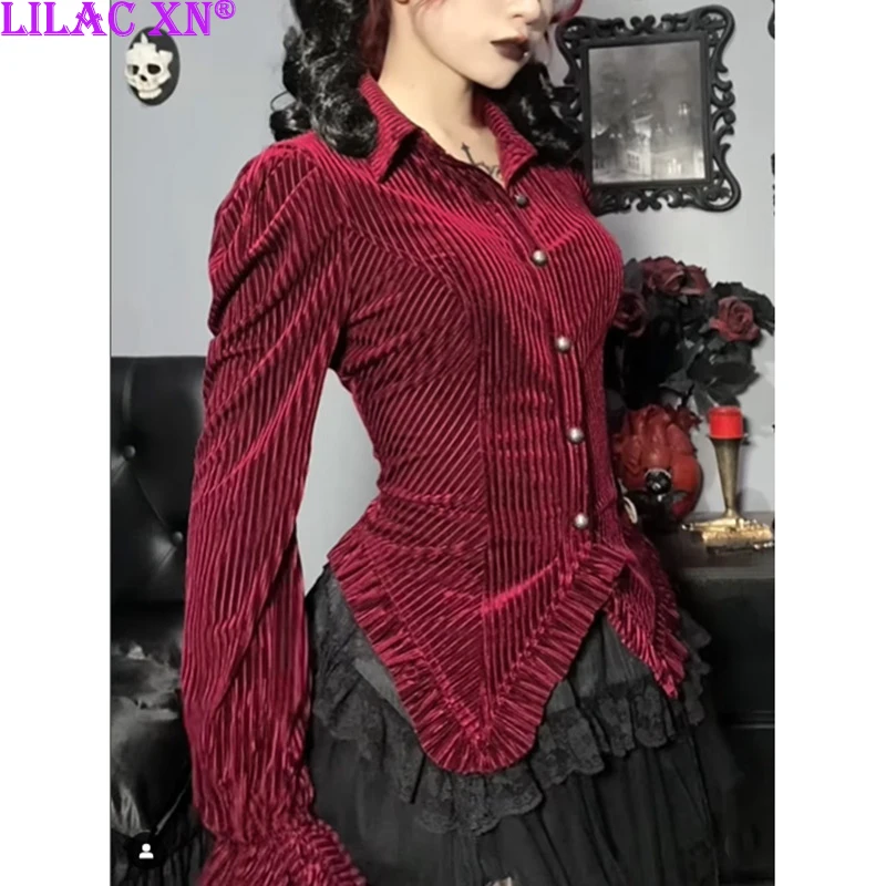 Винтажная красная вельветовая рубашка с длинными рукавами