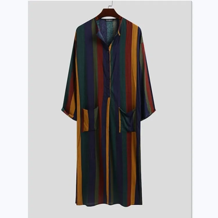 Muslim Southeast Asian new men's loose stripes standing collar door long -sleeved robe national style Middle East robe