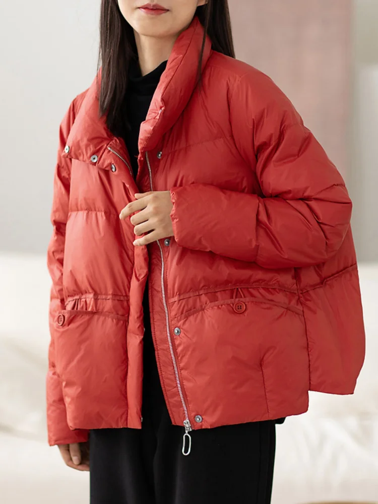 

Женское однотонное пальто на белом утином пуху, повседневное теплое простое Свободное пальто со стоячим воротником, модная уличная одежда, ...