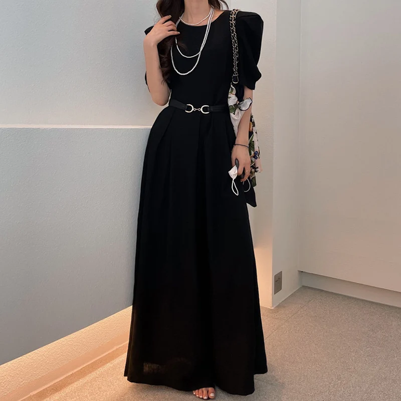Clothland Women Elegant Vintage Long Jumpsuit One Piece Short Puff Sleeve Belt High Waist Black Coffee Chic Playsuit KA313