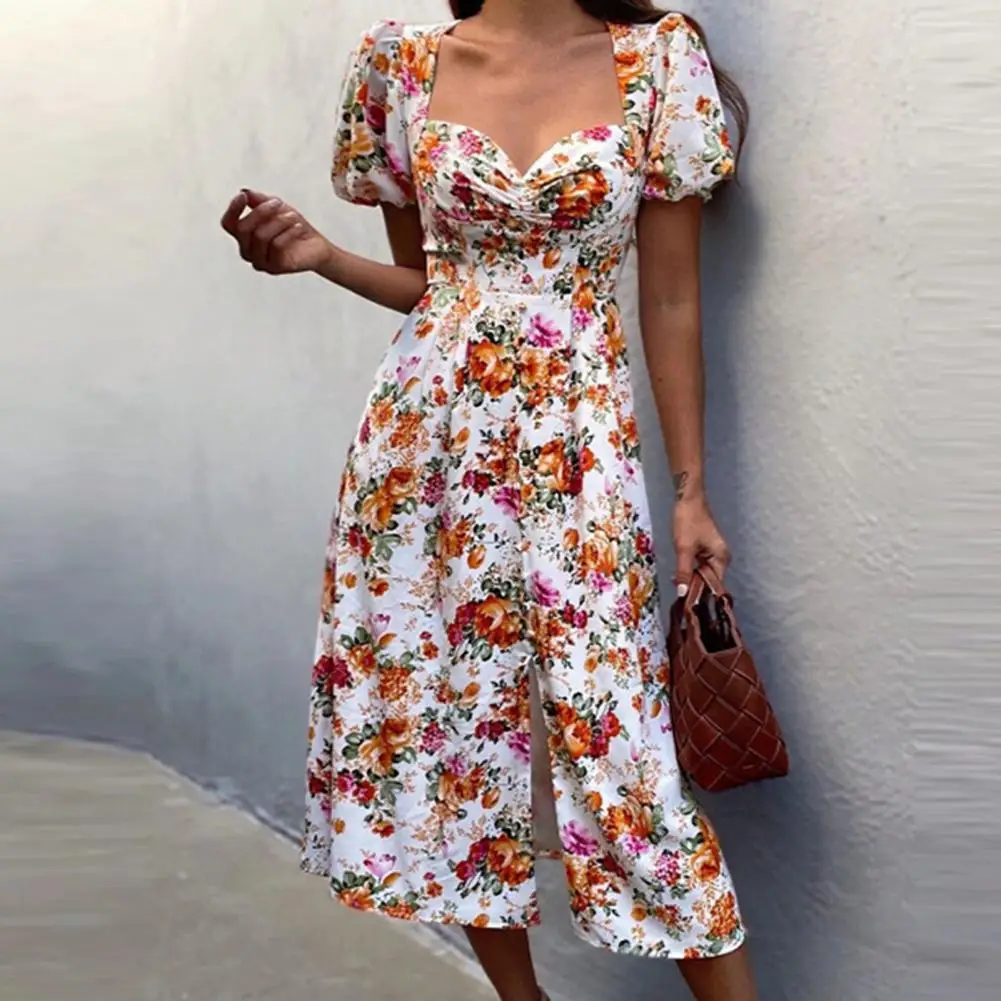 

Женское винтажное платье с квадратным вырезом, Элегантное Длинное платье с цветочным принтом и рукавами-фонариками, сарафан в французском ...