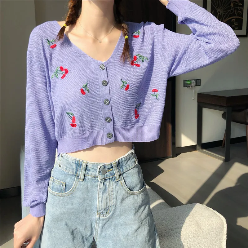 Cherry Embroidery Top Cardigans Women Long Sleeve Crop Top V Neck Sweaters Cute Knitwear Loose Knitted Tee Top Fall Tops