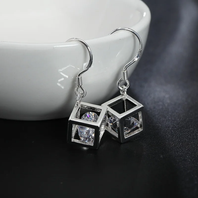 

925Sterling Silver Silver Zircon Crystal Geometric Cube Plaid Earrings Foreign TradeeabyTop-Selling Product Fashion Jewelry