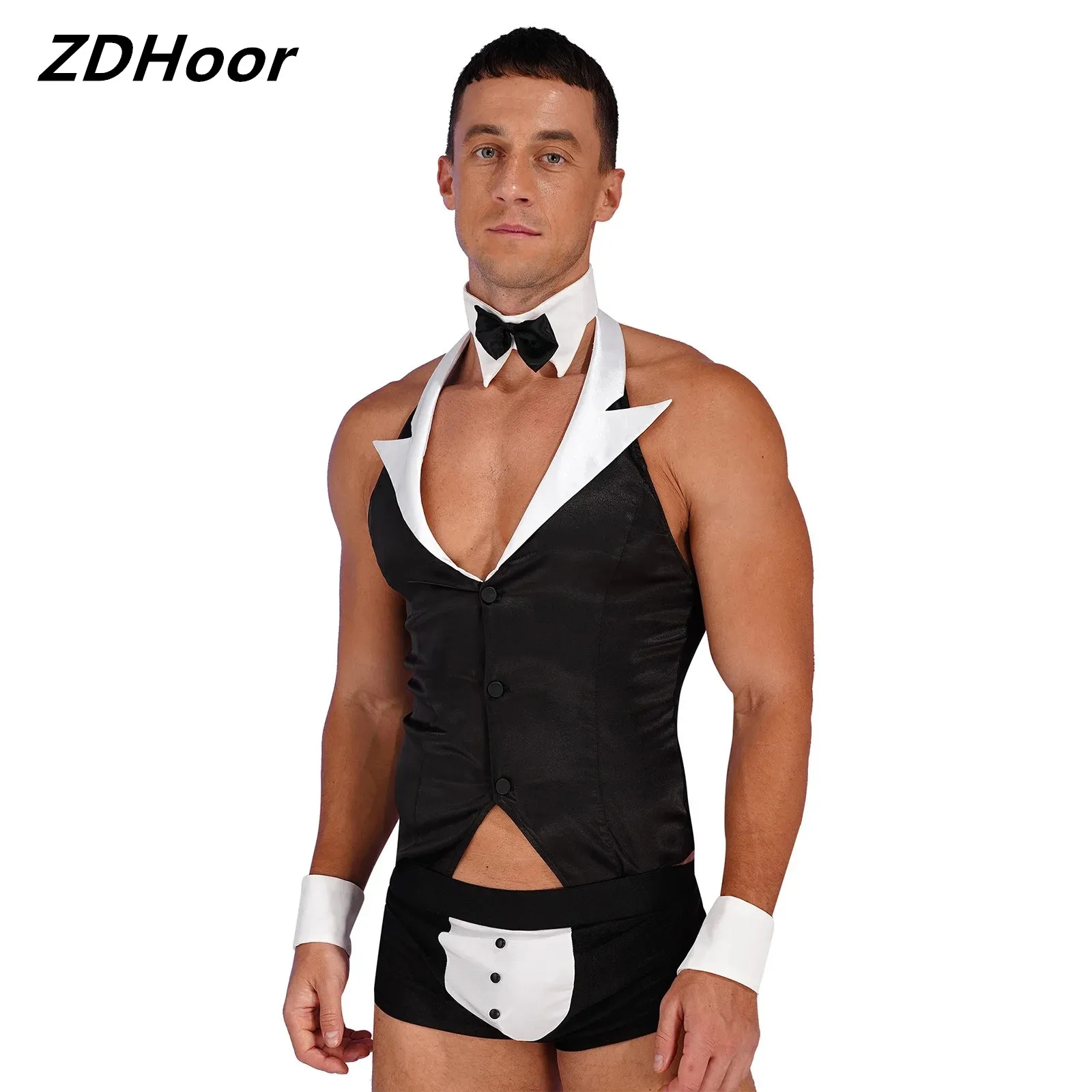 

Мужское нижнее белье, жилет без рукавов с бретелькой через шею и пуговицами, с шортами и манжетами с бантом, для косплея, костюм женского клуба