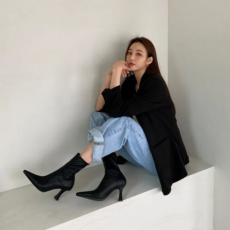 Women High Heels Dress Shoes Pointed Toe Bare Boots Black Booties Thin Heeled Fashion Ankle Boots Retro Ladies Shoes Bootas