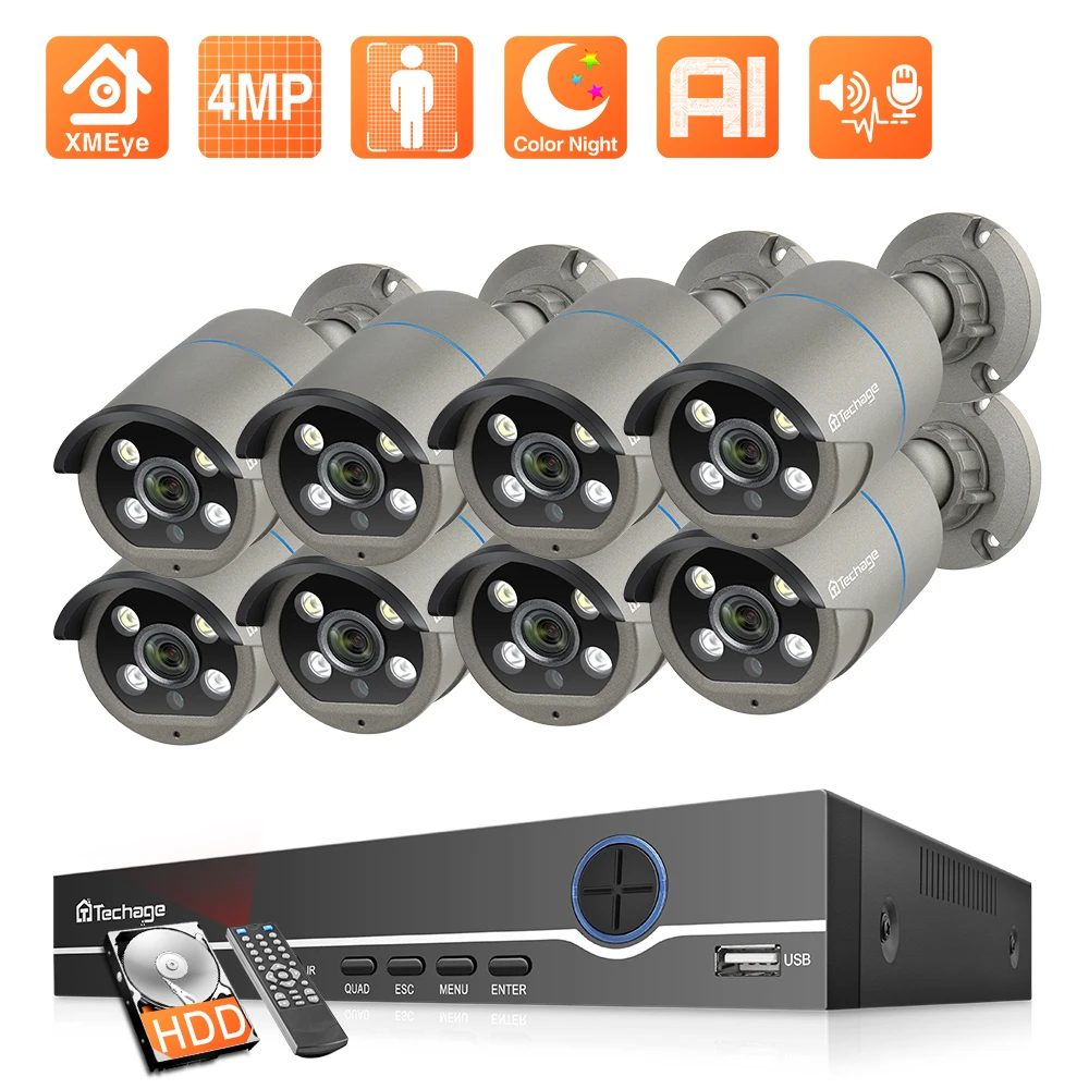 

Techage 8CH 4MP POE NVR Kit H.265 CCTV Security Vedio Surveillance Smart AI Outdoor IP Camera Color Night Vision Two Way Audio