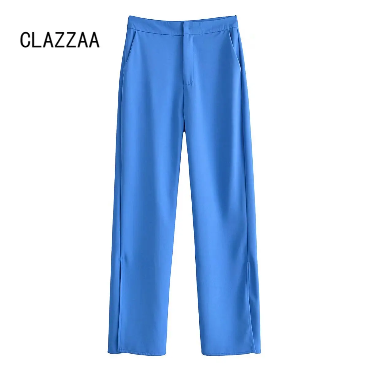 

Clazzaa Women Fashion Solid Side Slit Full Length Trousers Vintage Front Zipper High Waist Pant Casual Female Pants