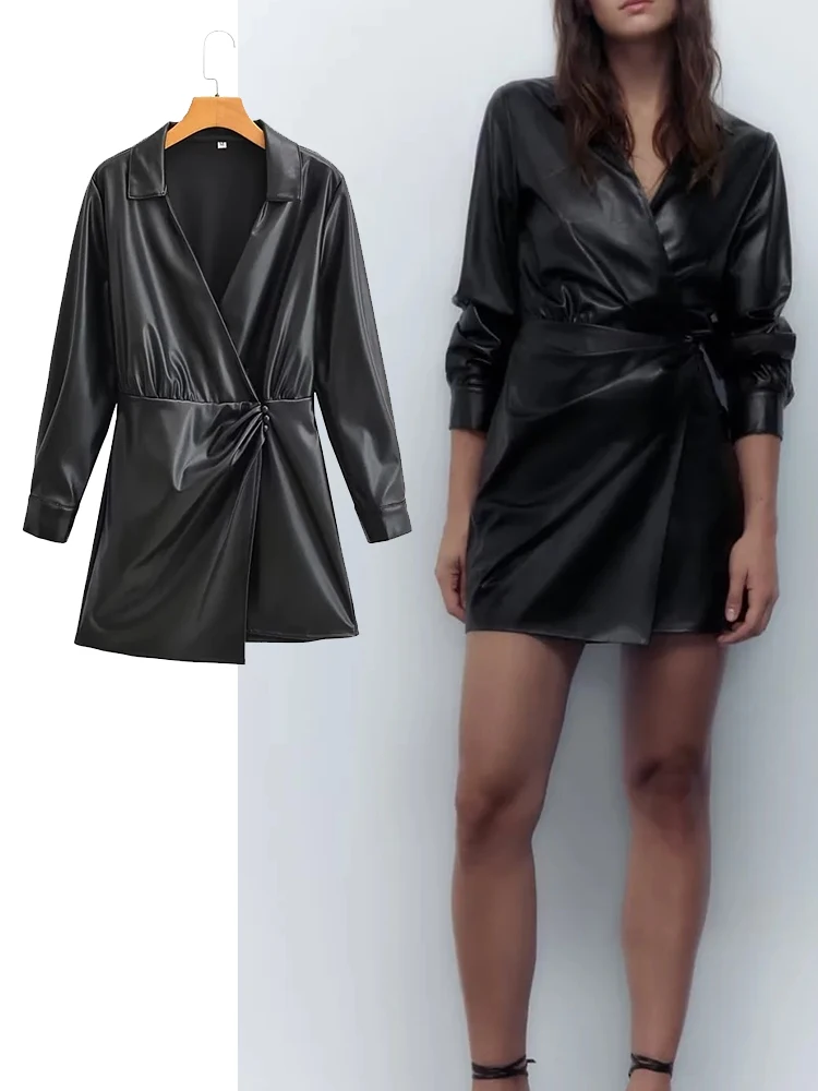 

Платье-мини из искусственной кожи, на пуговицах, с длинным рукавом