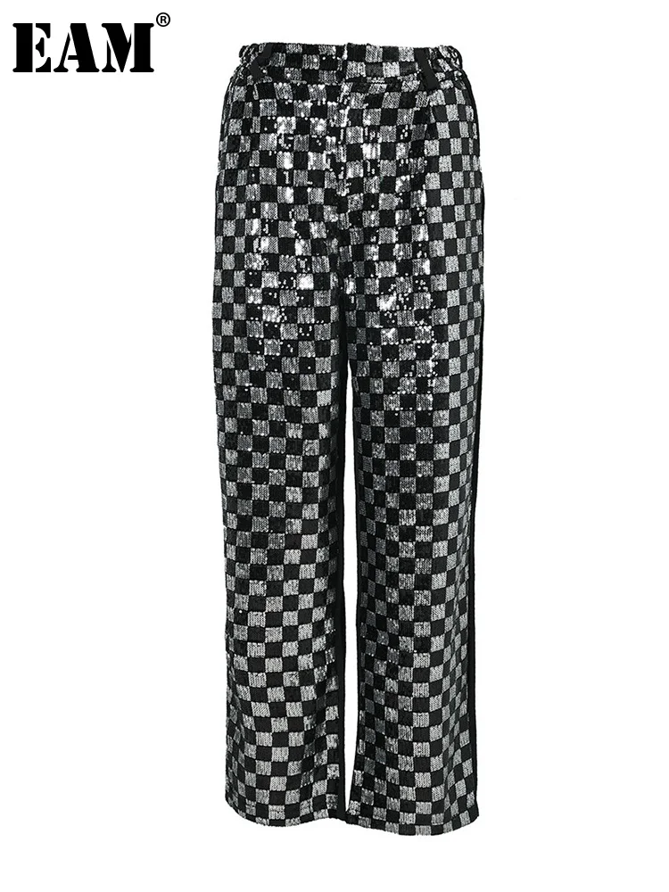 

[EAM] черные широкие брюки с высокой эластичной резинкой на талии, с пайетками, новые свободные брюки, женские модные брюки, весна-осень 2022, ...