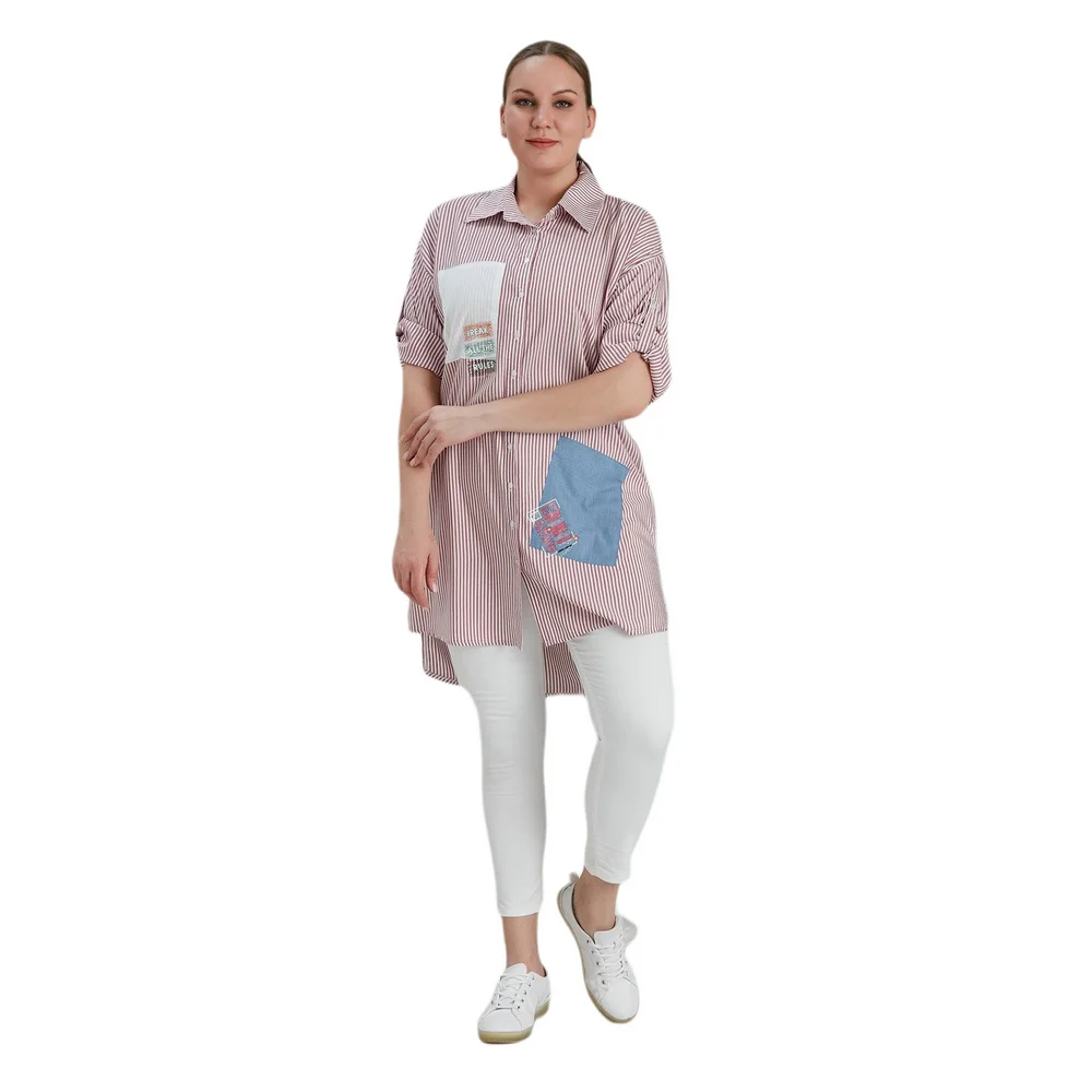 

Fierte Women Large Size Shirt rg4582 Turn Down Collar Button Closure Long Sleeve Striped Pattern Cotton Spring Casual