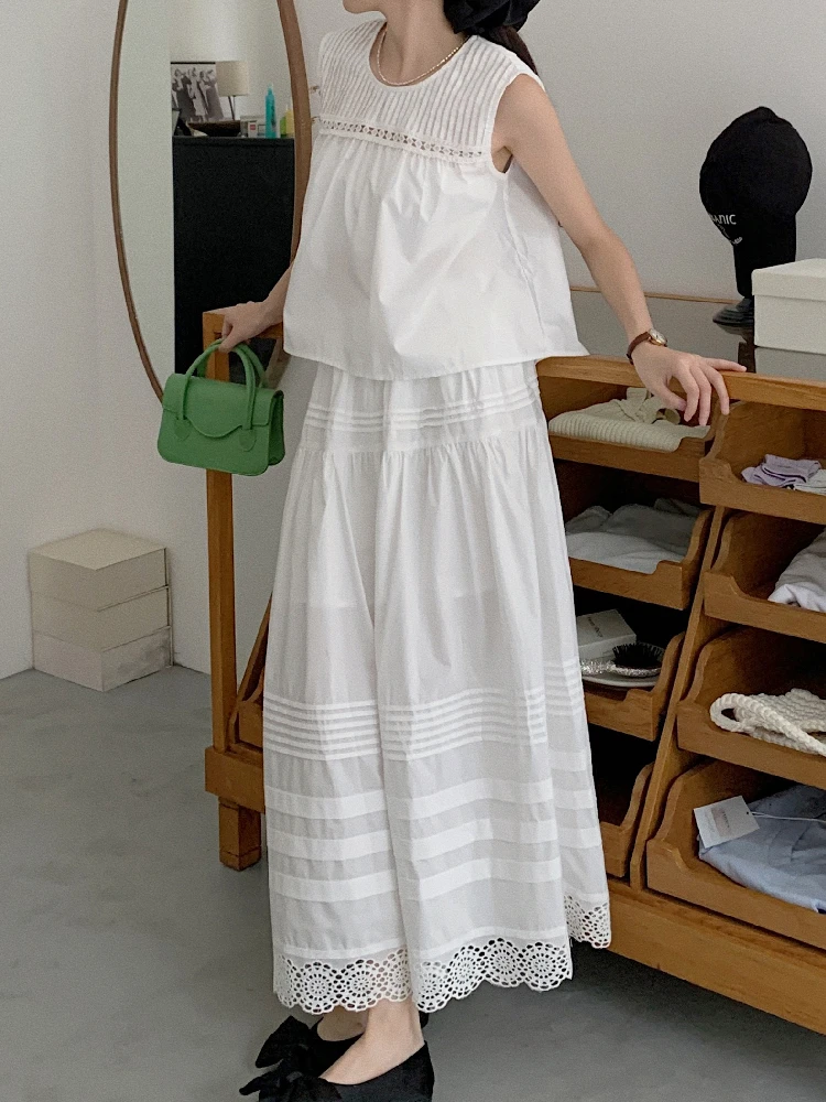 

Korean Fashion Summer Two Piece Set Women Outfits 2023 Sleeveless Tops Vest + High Waist Lace Trim Long Skirt 2 Pieces Vintage