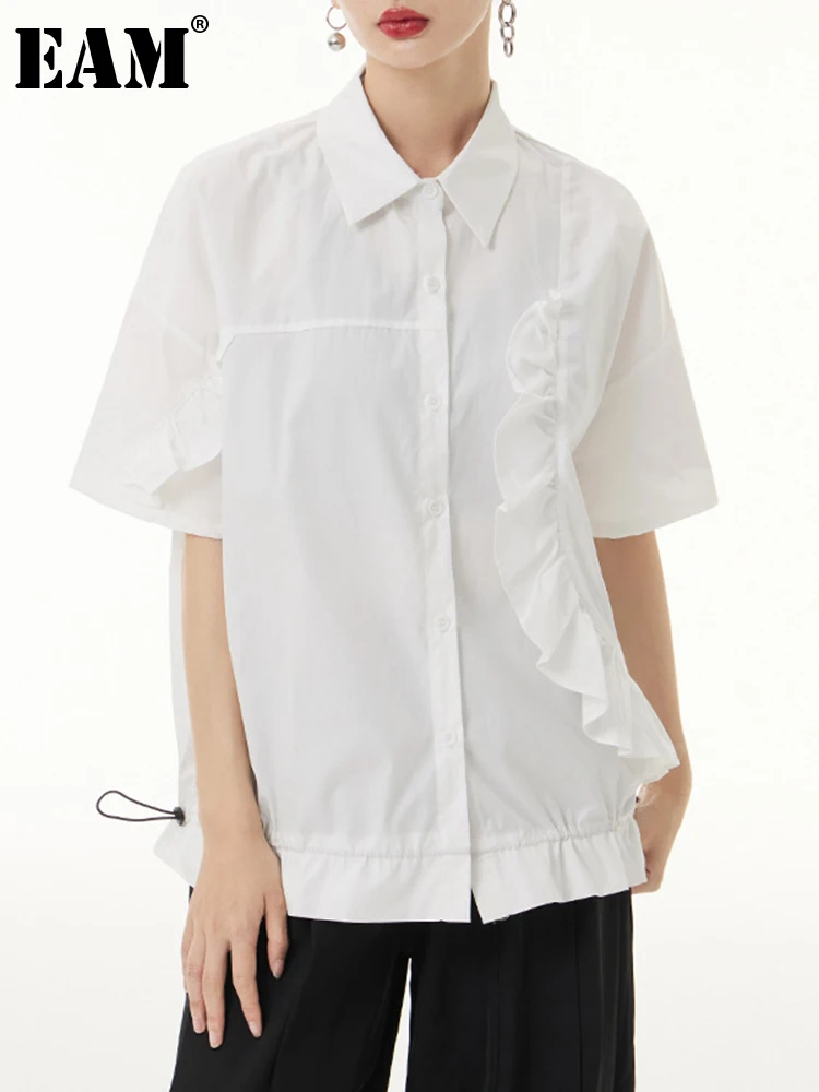 

[EAM] Women White Ruffles Drawstring Big Size Blouse New Lapel Short Sleeve Loose Fit Shirt Fashion Spring Summer 2023 1DF9823