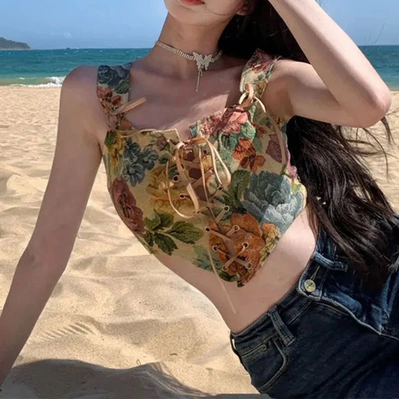 

Women Floral Crop Top Elegant Designer French Vintage Print Halter Tops Bandage Sleeveless Female Summer Party Sexy Vests Top
