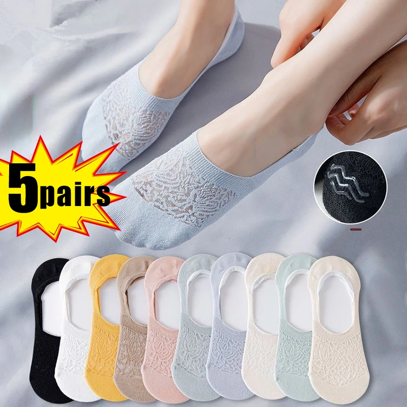5pairs Women Boat Socks Summer Invisible Mesh Ankle Short Stockings Silicone Non-slip Breathable Lace Solid Low Tube Cotton Sock