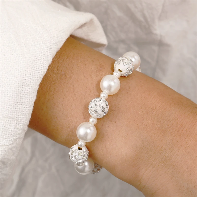 

White Pearl String Bracelets Retro Full Rhinestone Bead Strand Bracelet Beaded Jewer Handmad Gift for Women