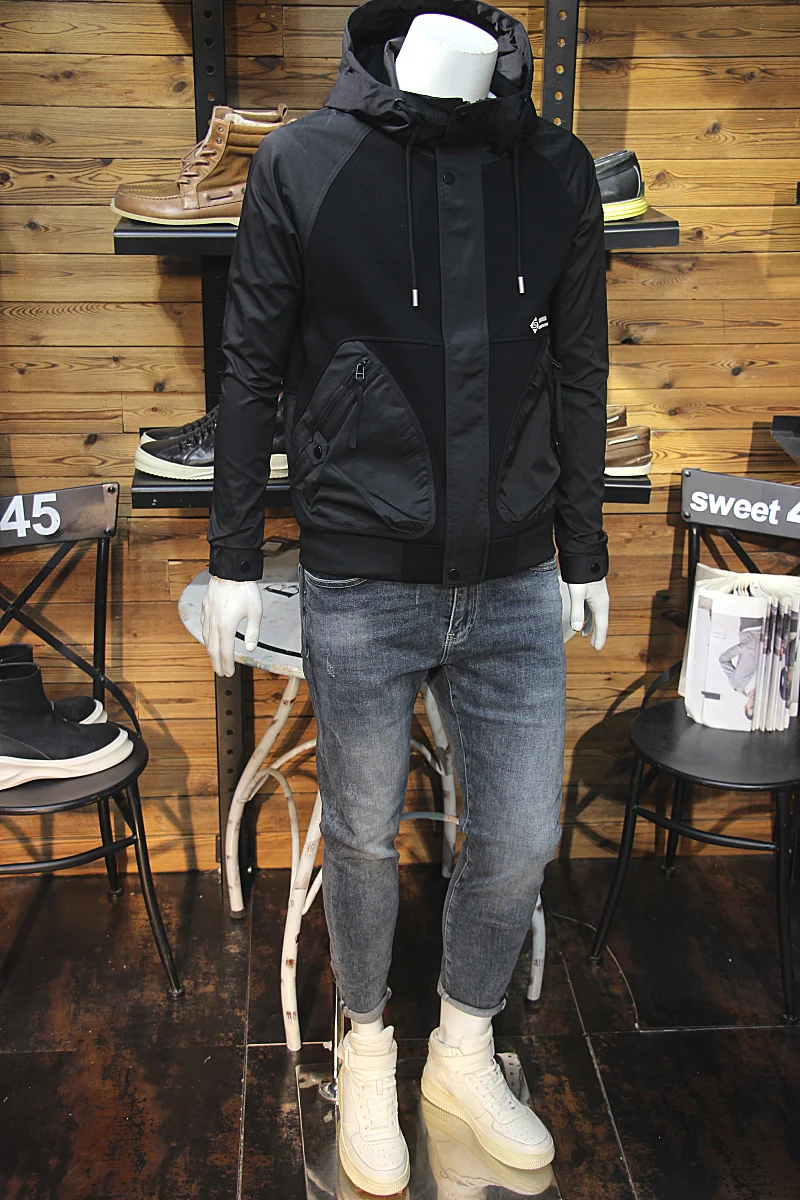 Осенняя одежда мужская вязаная лоскутная толстовка с капюшоном облегающая