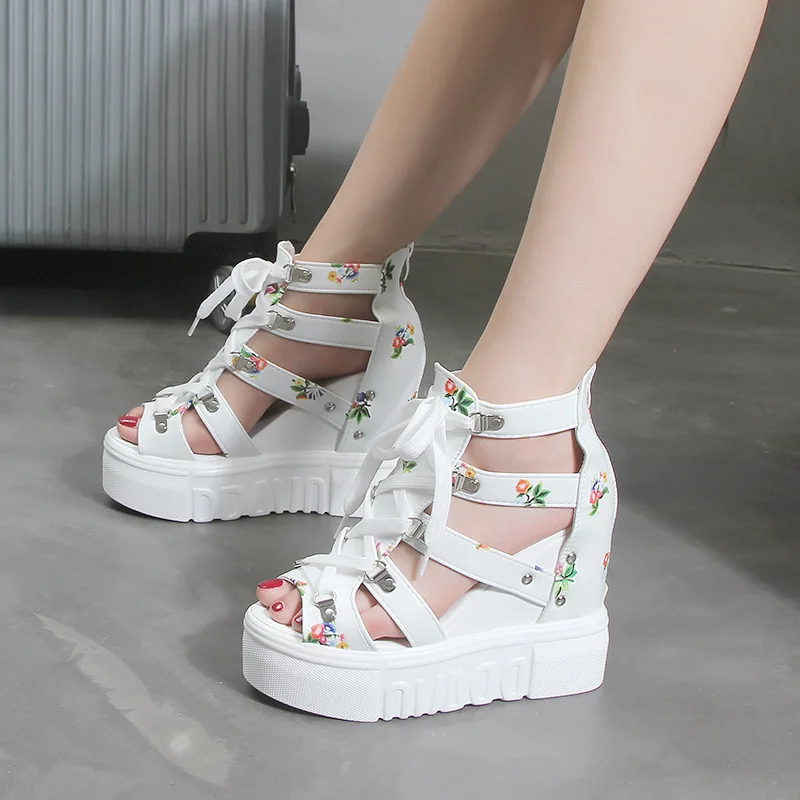 

INS Hot Print Leisure Wedges Women's Shoes 2021 Summer Shoes Women Sandals Platform Shoelaces High Heels Casual Shoes Woman