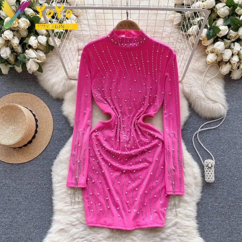 

Elegant Party Dress Studded with Diamonds Half High Neck Long Sleeve Elastic Slim Bodycon Formal Luxury Dress Autumn 2023