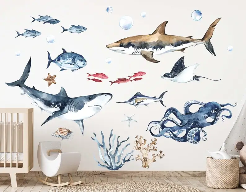 

Sea World Ocean wall decal Set for kids room or underwater nursery! These peel and stick ocean wall decals include, whale, turtl