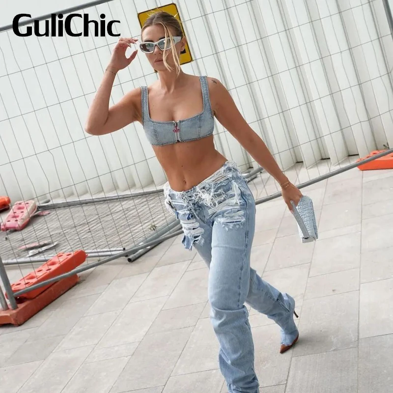 11.1 GuliChic High Street Vintage Sexy Ripped Hole Washed Straight Jeans Women