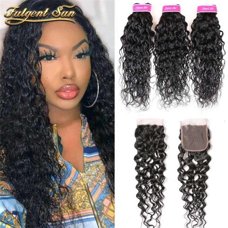 Human Hair Bundles With Closure Indian Water Wave 3 Bundles And Closure Natural Black 4x4 Hd Lace Closure For All Skin Women