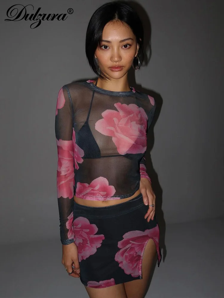 

Dulzura 2023 Flower Print Matching Suit See Through Long Sleeve Top Camisas Mini Skirt Hole Bodycon Sexy Women Party Y2K